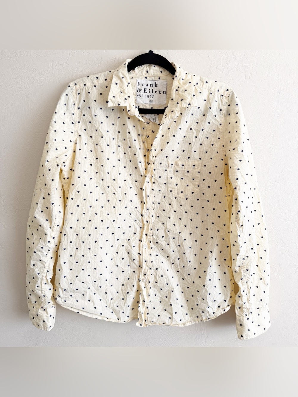 Frank & Eileen Yellow Button-Down Shirt with Navy Heart Print size medium
